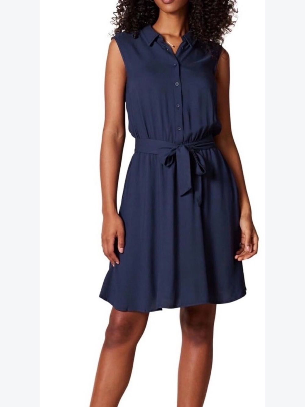 Loft Sleeveless Tie-Waist Shirt Dress - Navy